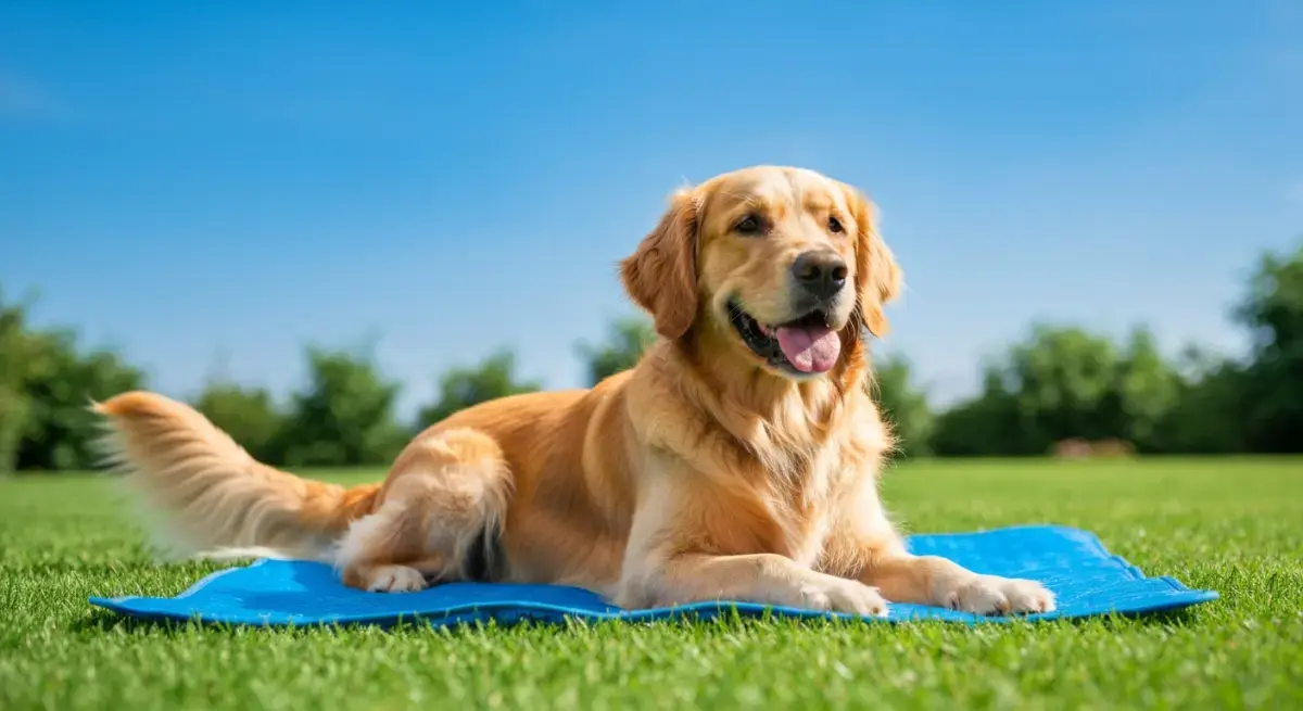 Chien heureux allongé sur un tapis rafraîchissant bleu